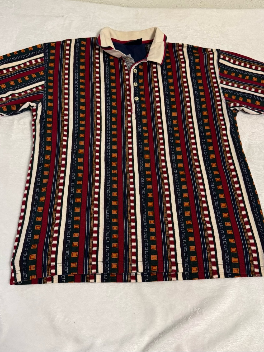 Greg Norman Collection Vertical Stripe Polo Navy, Red & Cream Vintage Y2K Shark